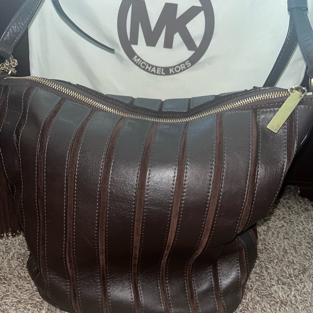 Michael Kors Brown Messenger Bag with Vertical Pleats